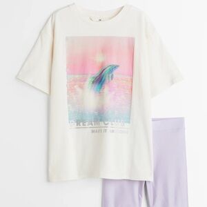 H&M girls 2pc dolphin graphic tee shirt & biker shorts outfit set 10 12 years